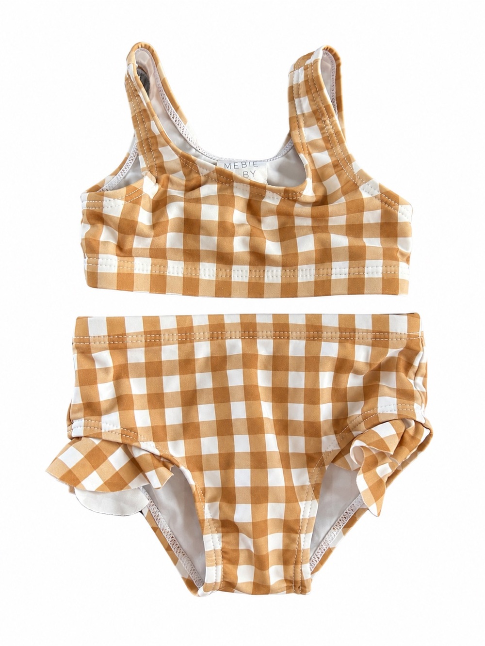 Mebie Baby 0-3M Tan Gingham Two Piece Ruffle Swimsuit
